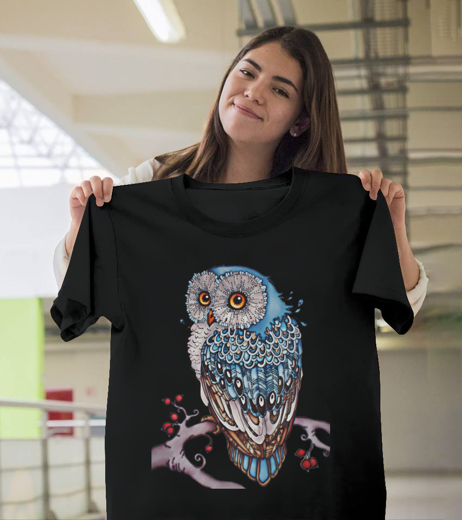 Luminous Blue Owl On Branch With Red Berries - Owl For You T-Shirt