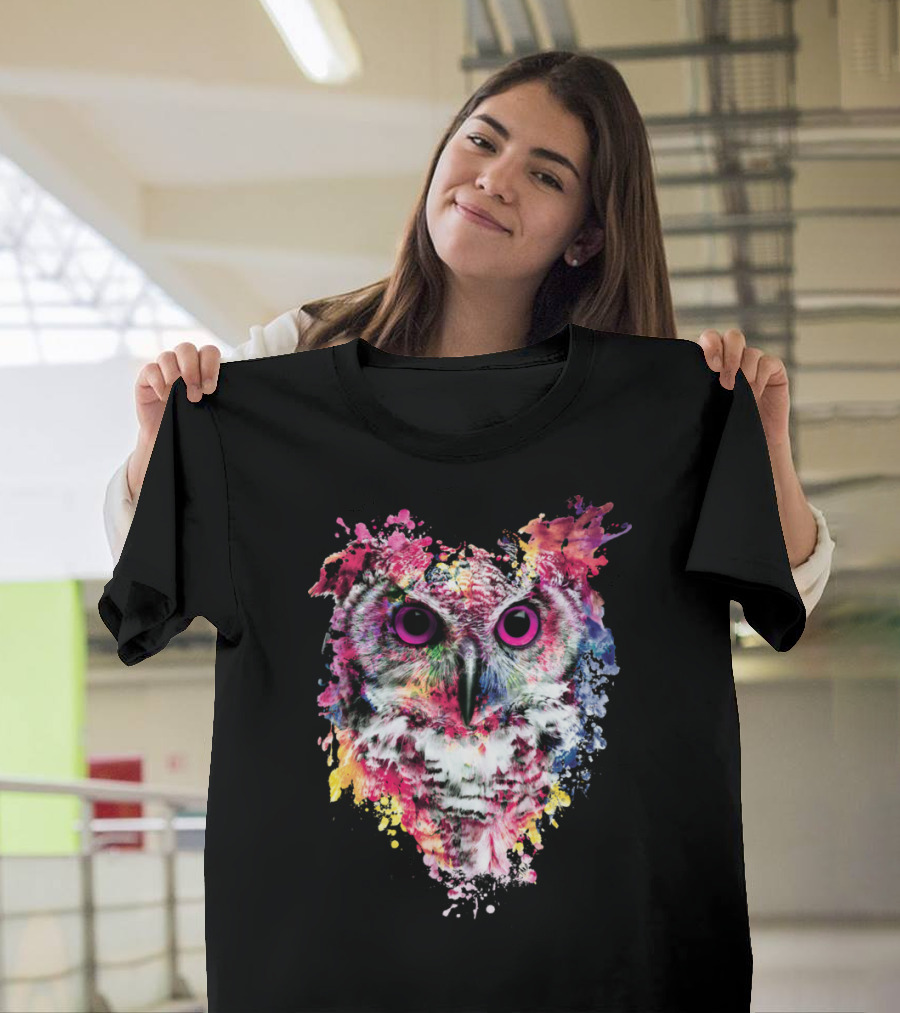 Colorful Owl Splatter Art Vibrant Watercolor Paint Explosion T-Shirt