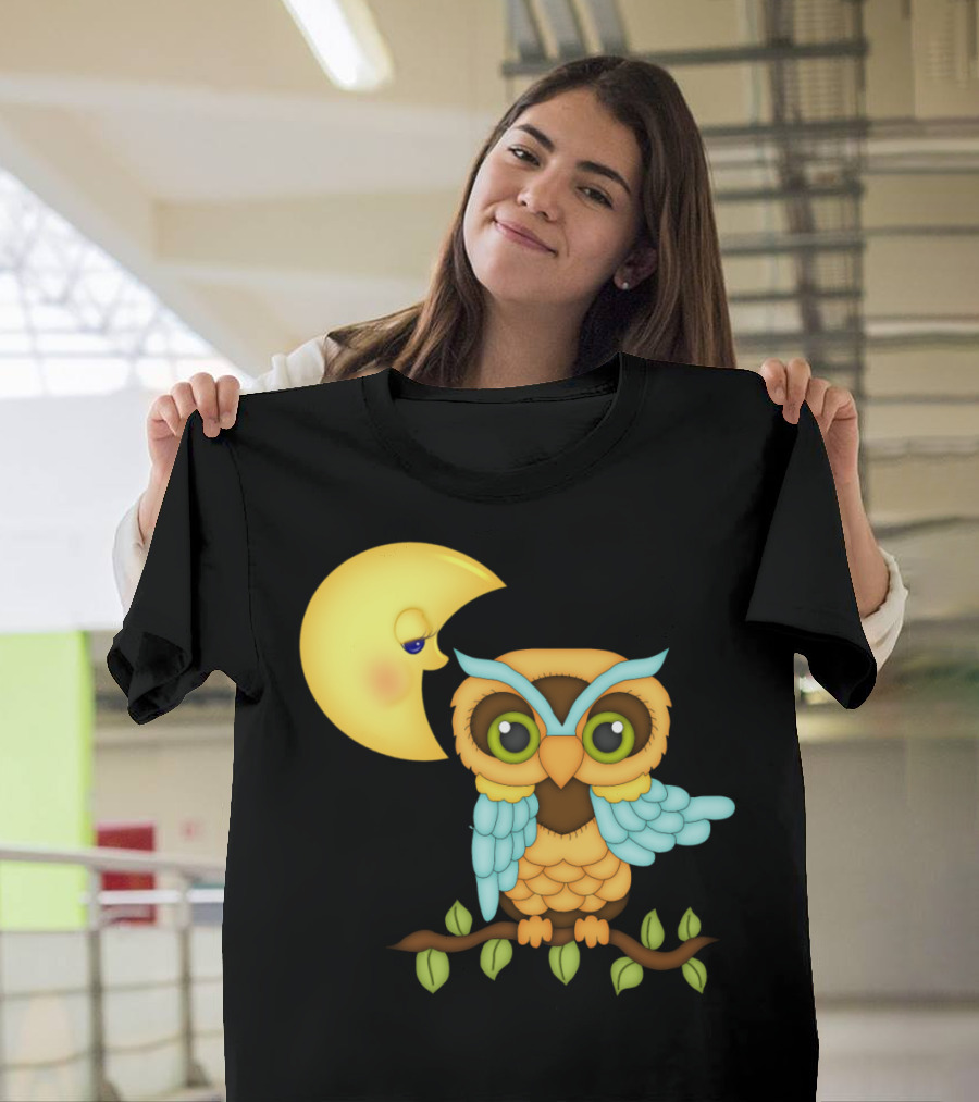 Owl Sitting on Branch with Smiling Crescent Moon T-Shirt