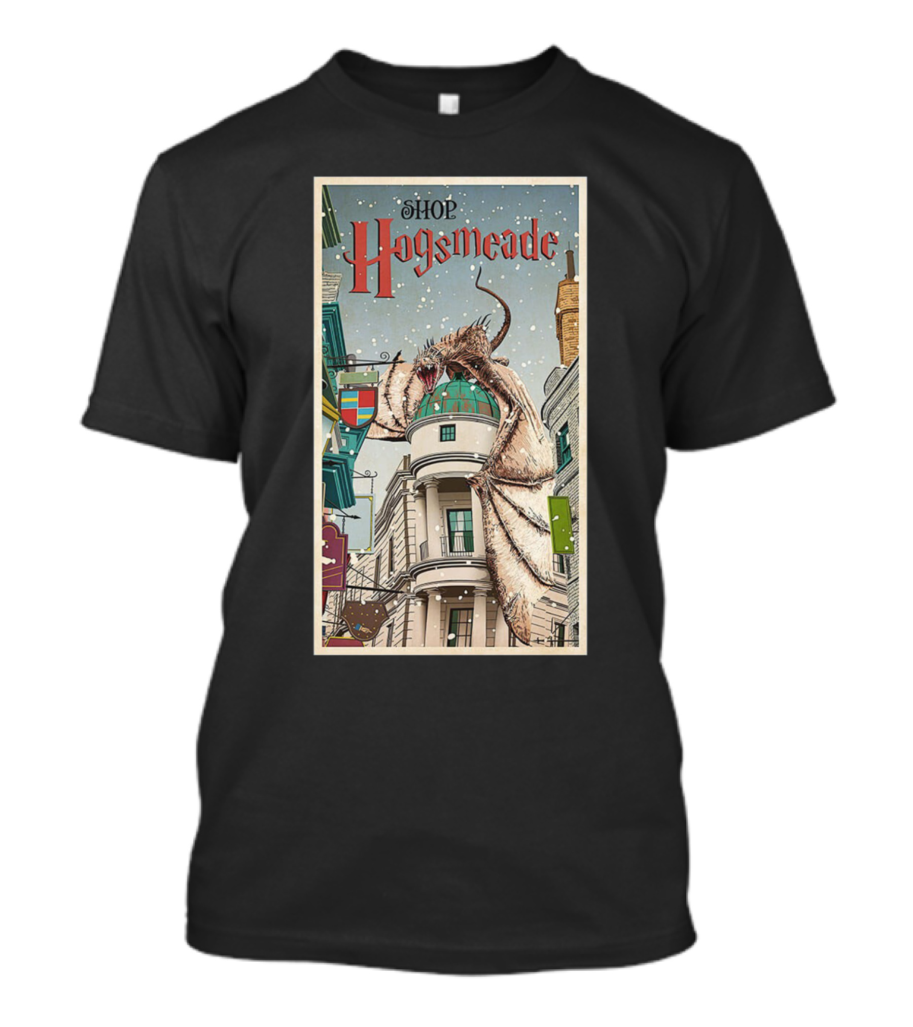 Hogsmeade Shopping Adventure With Snowy Streets And Dragon-Guarded Shops T-Shirt