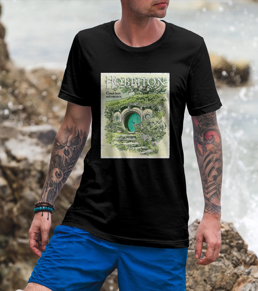 Hobbiton Crouch Down And Come On In With Illustrated Green Door And Garden Path T-Shirt