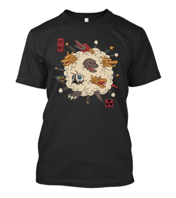 Kaiju Rumble Monster Battle Scene With Nuclear Symbol And Japanese Characters T-Shirt