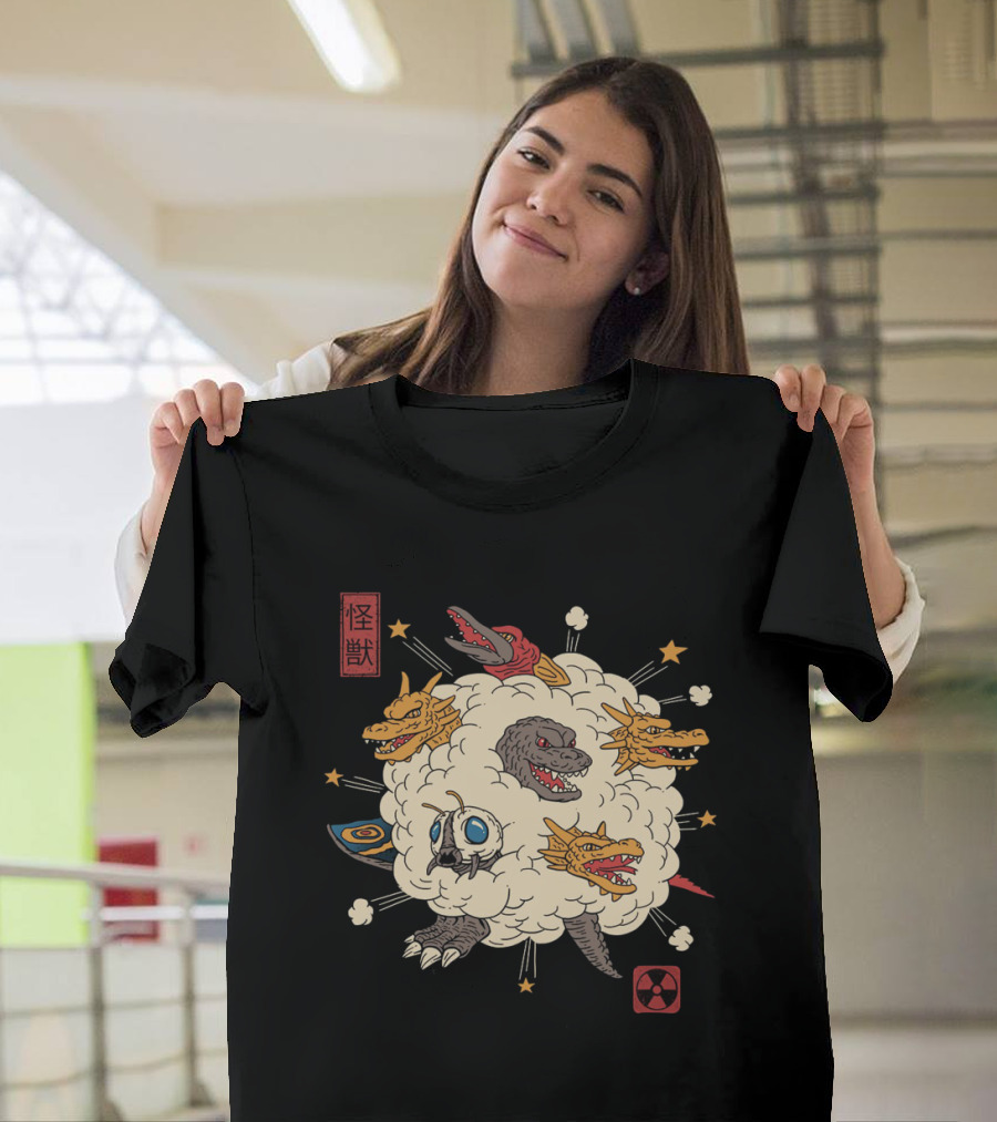 Kaiju Rumble Monster Battle Scene with Nuclear Symbol and Japanese Characters T-Shirt
