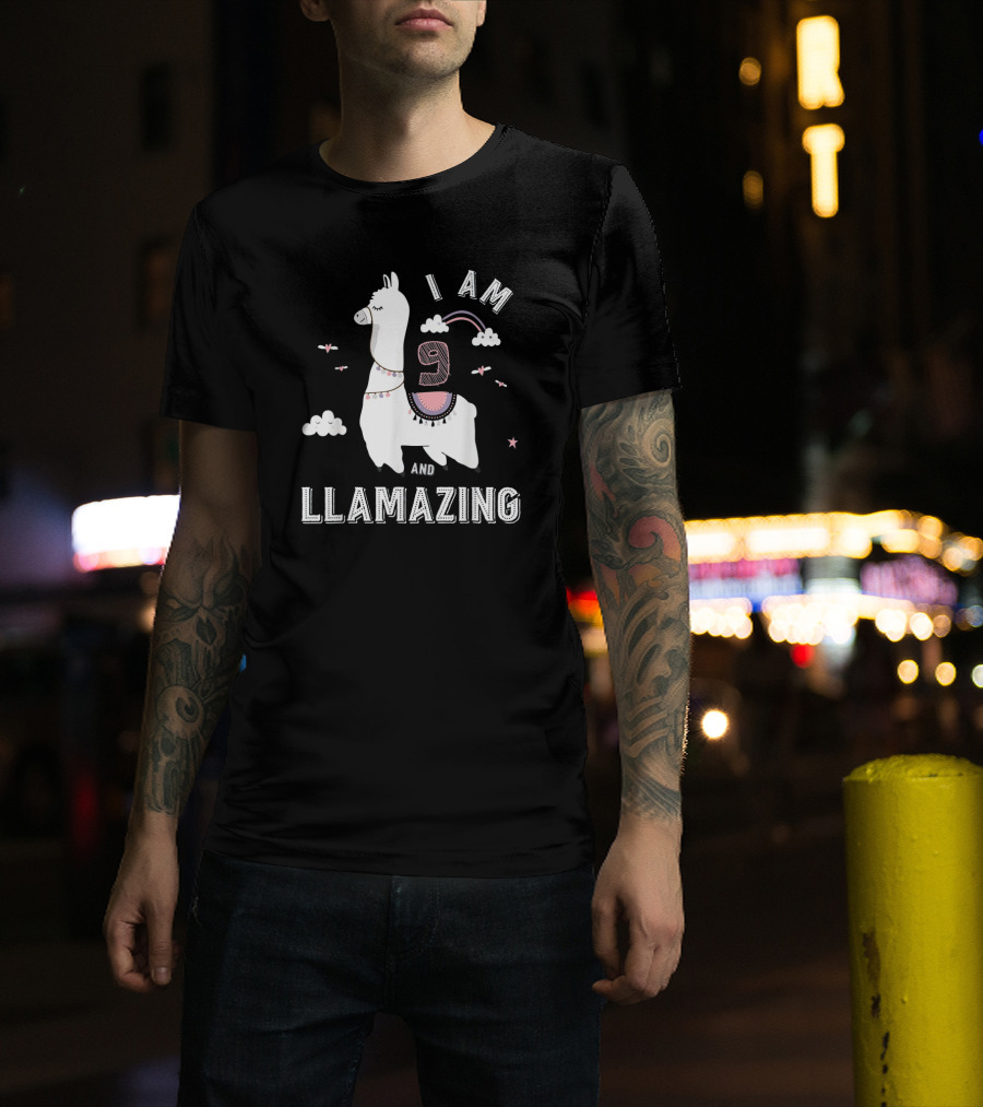 I Am 9 And Llamazing Funny Llama Cloud Birthday T-Shirt