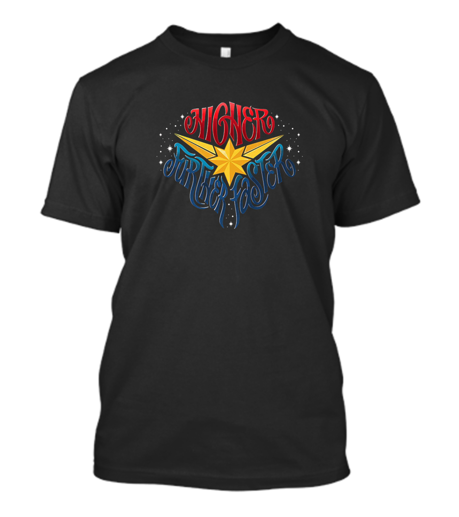 Marvel Captain Marvel Higher Further Faster Star Iconic Slogan With Cosmic T-Shirt