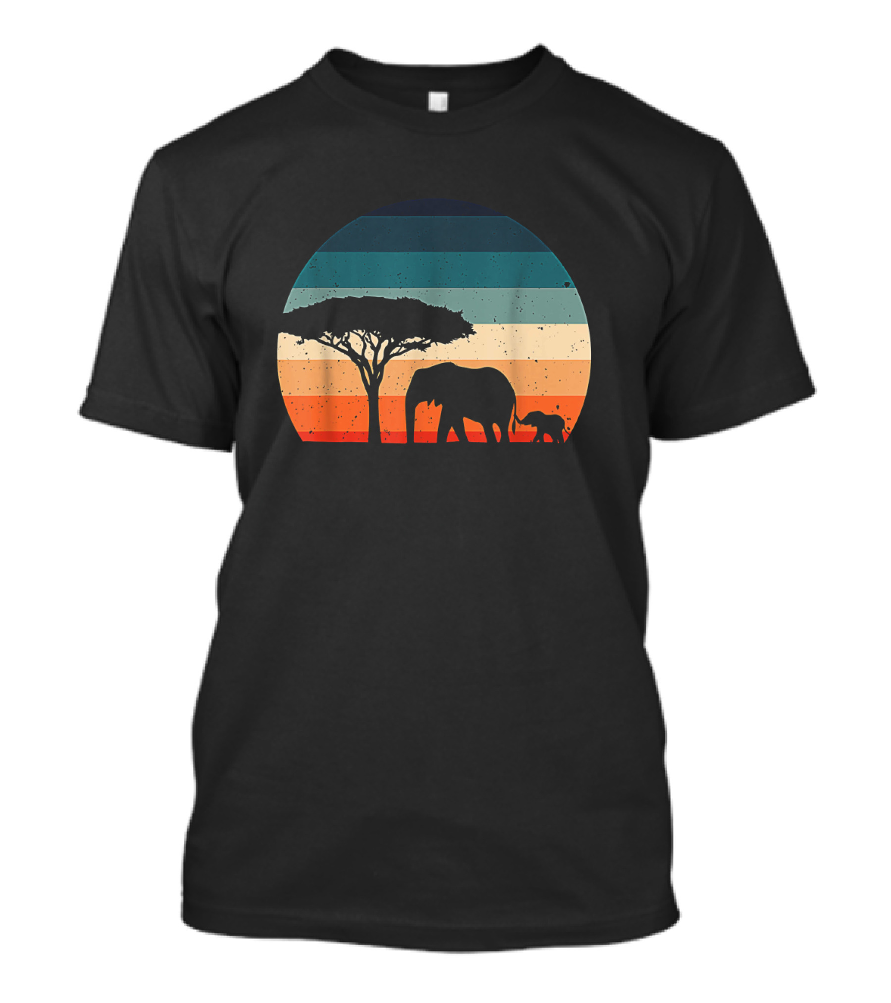 Elephant And Acacia Tree Silhouette Against Striped Vintage Sunset T-Shirt