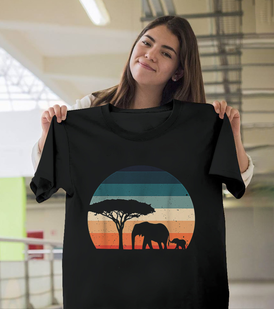 Elephant And Acacia Tree Silhouette Against Striped Vintage Sunset T-Shirt