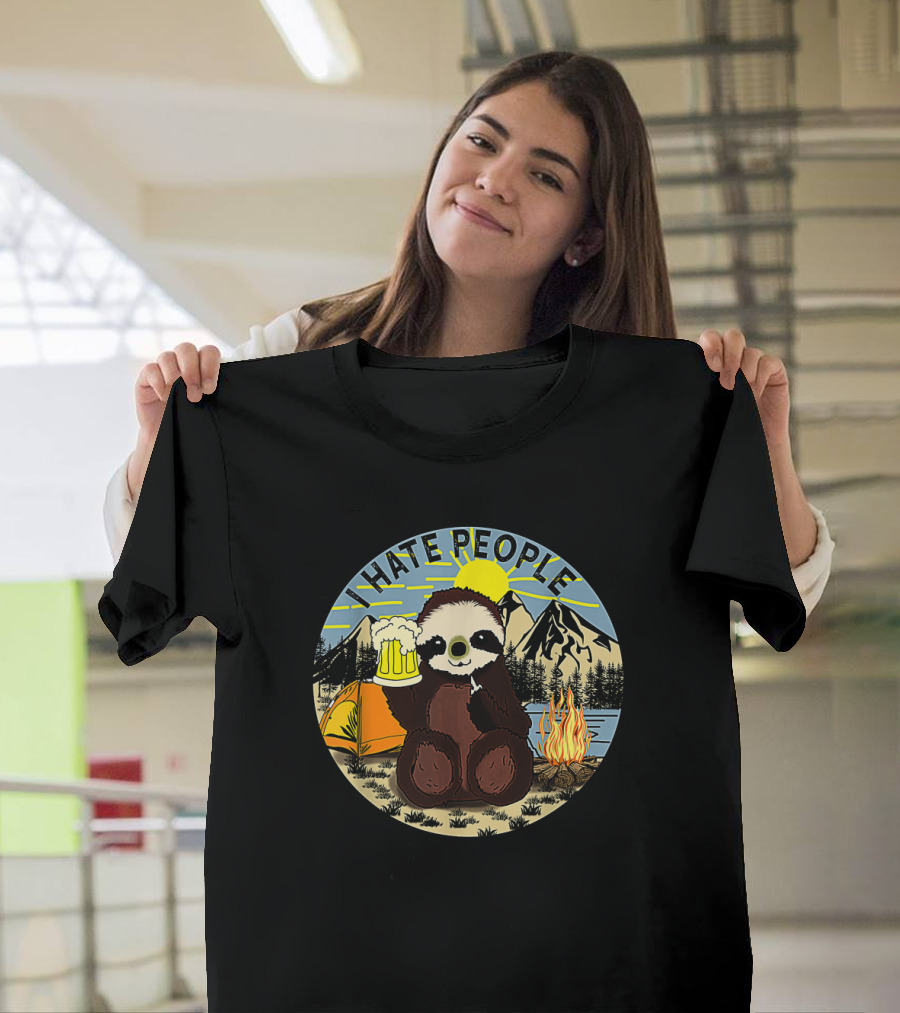 Sloth Holding Beer In Mountain Camping Scene With I Hate People Text T-Shirt