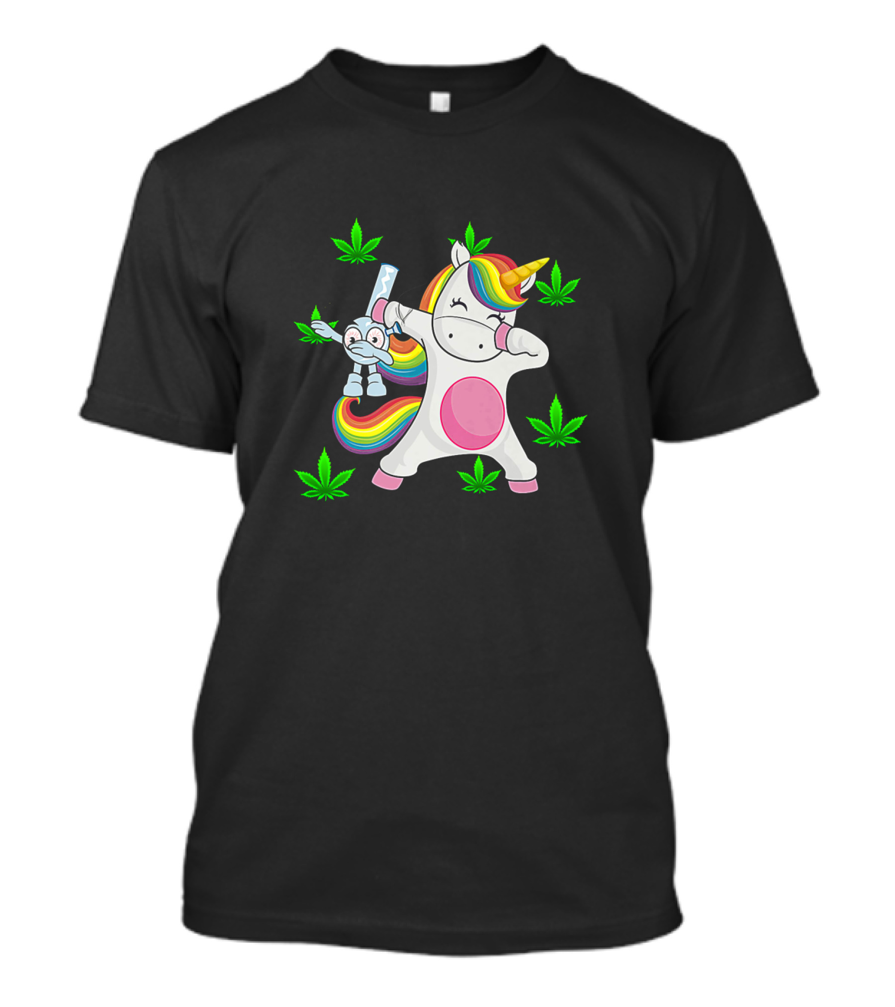 Unicorn Dab With Rainbow Bong Surrounded By Marijuana Leaves T-Shirt