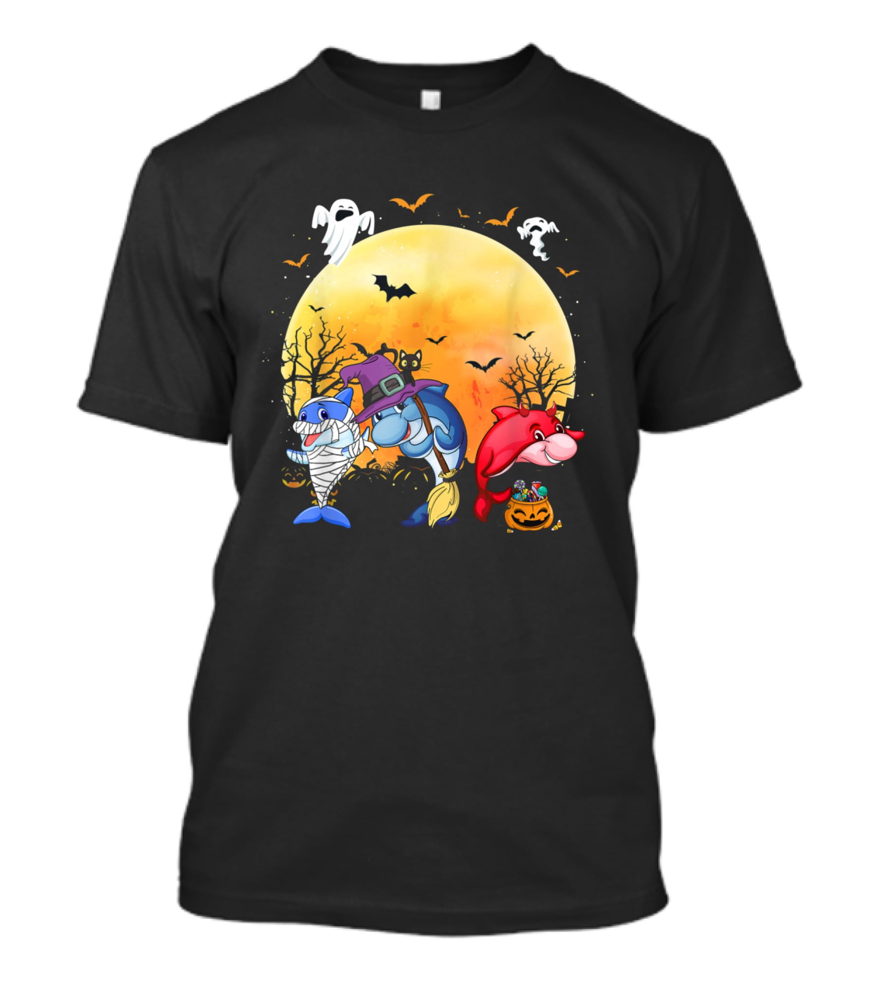 Halloween Dolphins: Mummy, Witch, And Devil With Ghosts And Bats T-Shirt
