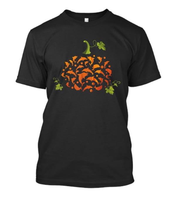 Orange Pumpkin With Dolphin Shapes Pattern Entwined With Green Leaves T-Shirt