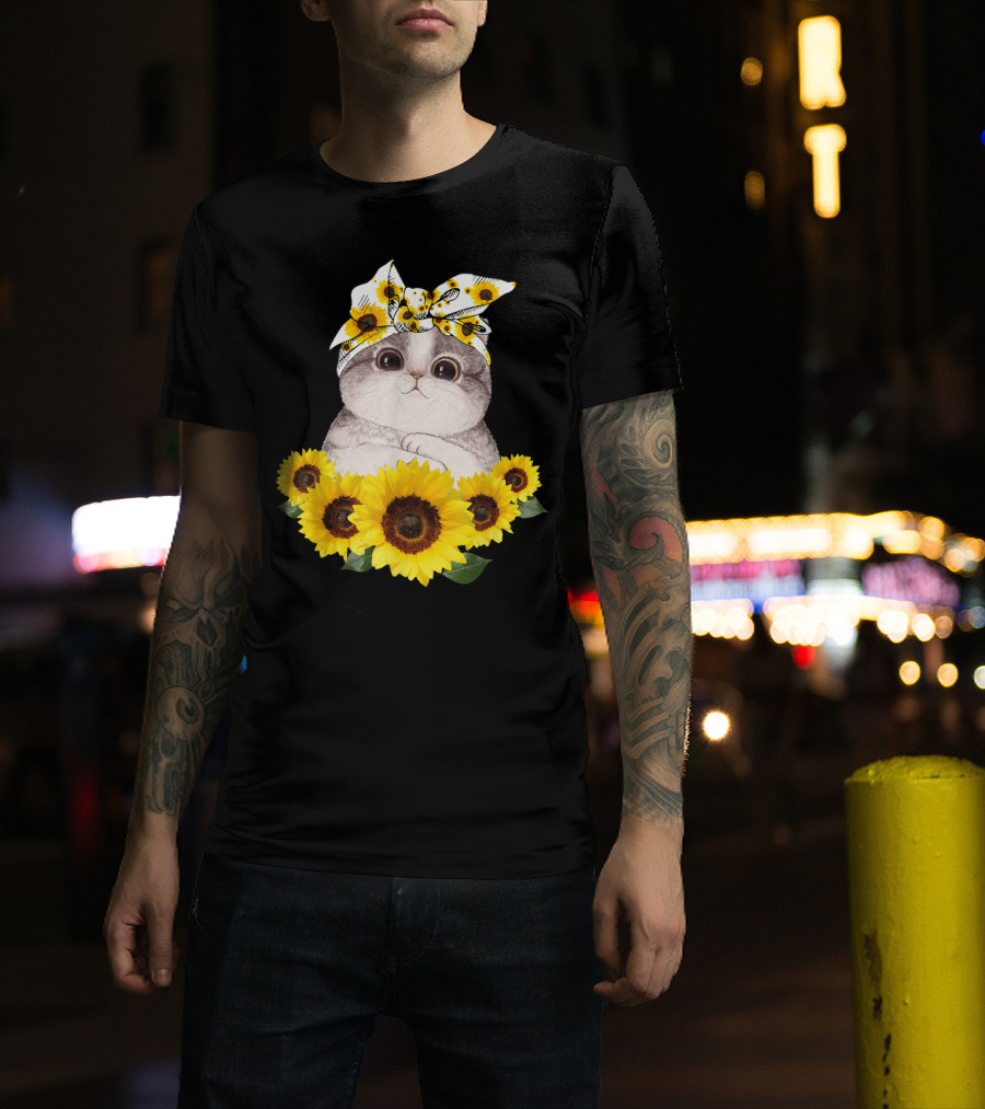 Sunflower Cat Headband Adorable Cats Lovers T-Shirt