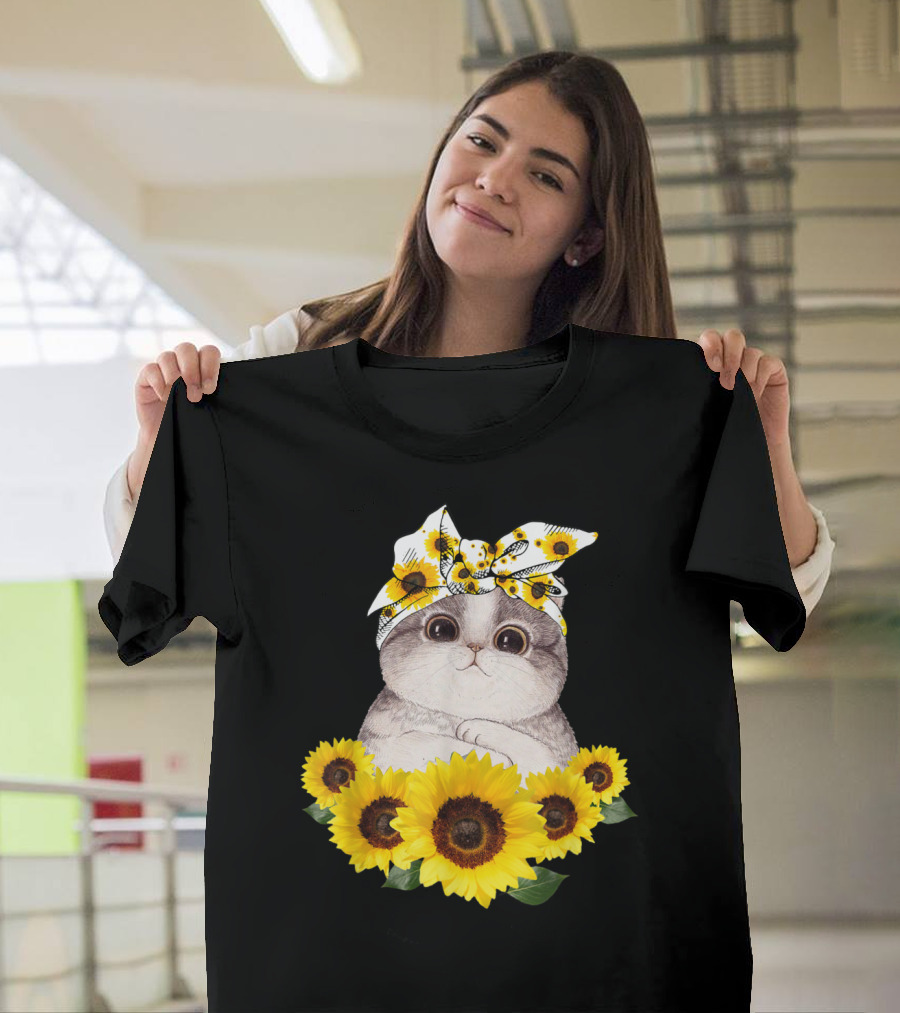Sunflower Cat Headband Adorable Cats Lovers T-Shirt