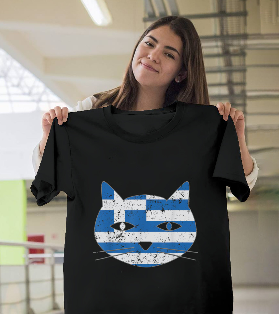 Greek Flag Cat Head Design For Cat Lovers T-Shirt