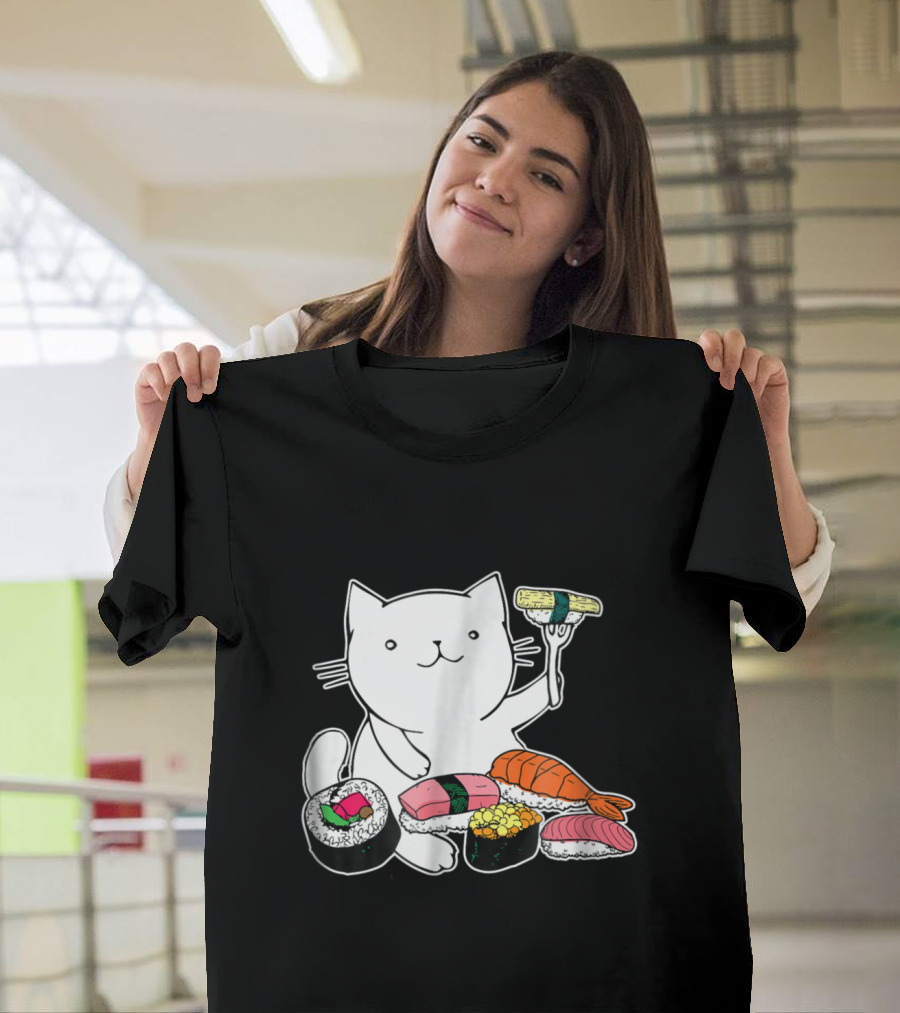 Playful Cat Enjoying Colorful Sushi Plate T-Shirt