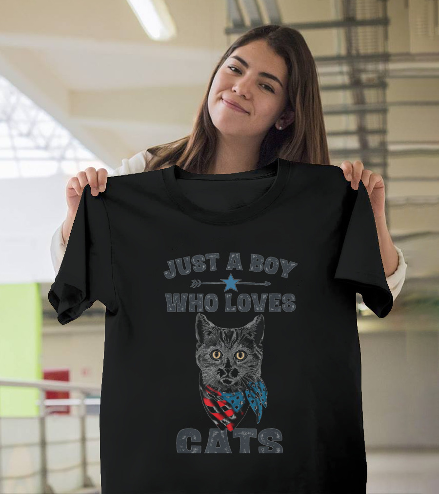 Just A Boy Who Loves Cats Patriotic Vintage Cat Lover T-Shirt
