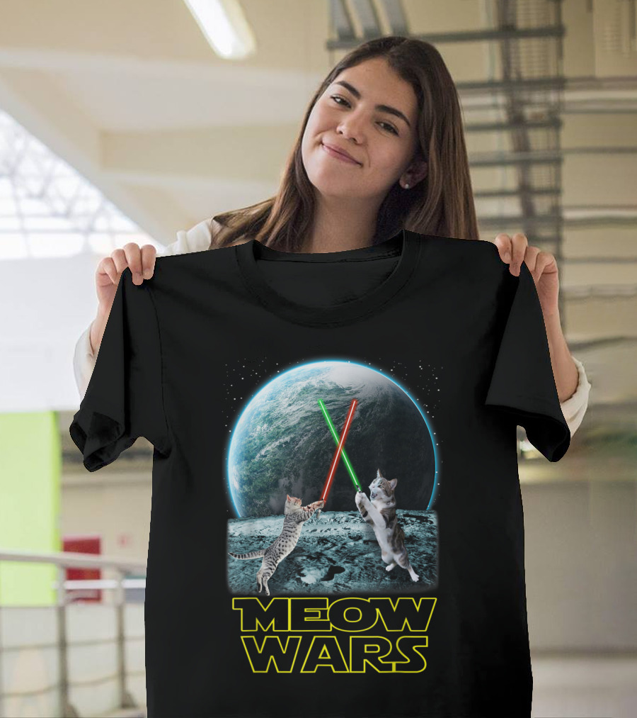 Meow Wars Funny Cats Lovers Galactic Duel with Light Sabers T-Shirt