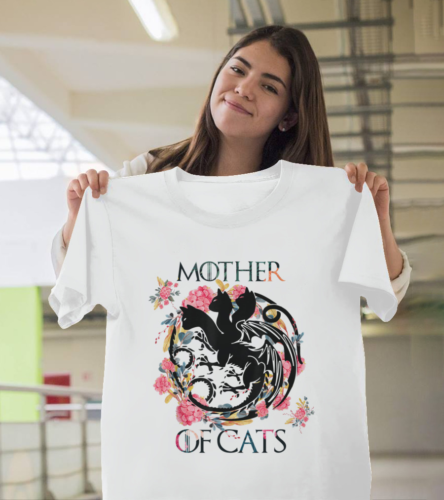 Mother Of Cats Floral Dragon Design For Cat Lovers T-Shirt
