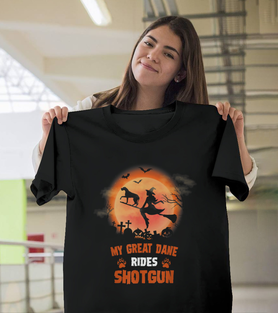 Great Dane Halloween Shotgun Witch and Dog Graveyard Scene T-Shirt