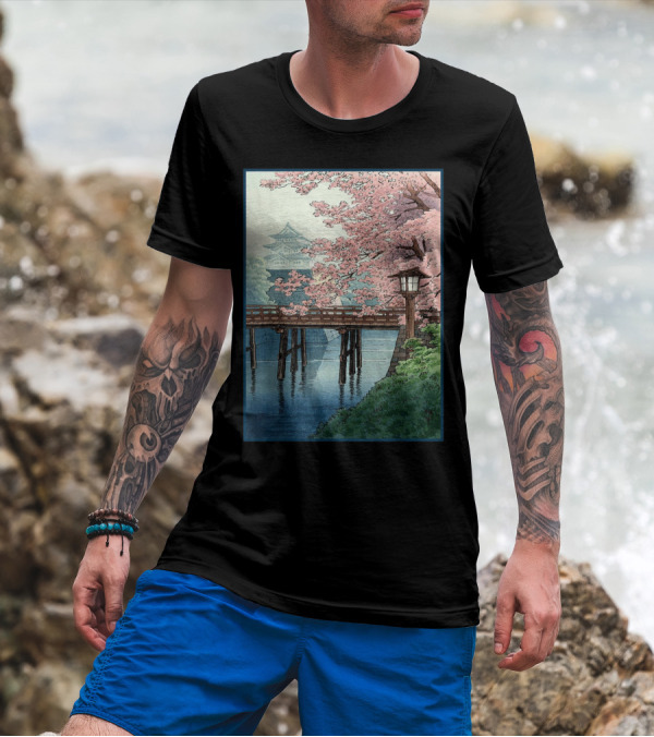 Japanese Cherry Blossom Woodblock Bridge And Pagoda Scene T-Shirt