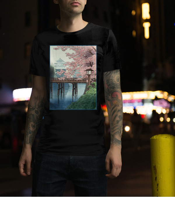 Japanese Cherry Blossom Woodblock Bridge And Pagoda Scene T-Shirt