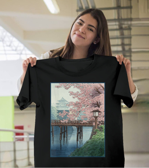 Japanese Cherry Blossom Woodblock Bridge And Pagoda Scene T-Shirt