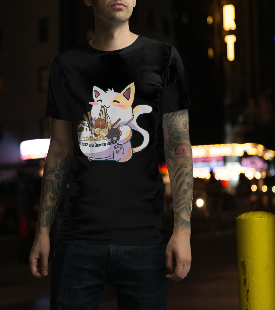 Kawaii Neko Cat With Ramen Bowl Anime Japanese Noodles And Chopsticks T-Shirt