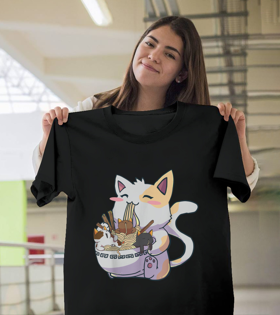 Kawaii Neko Cat With Ramen Bowl Anime Japanese Noodles And Chopsticks T-Shirt