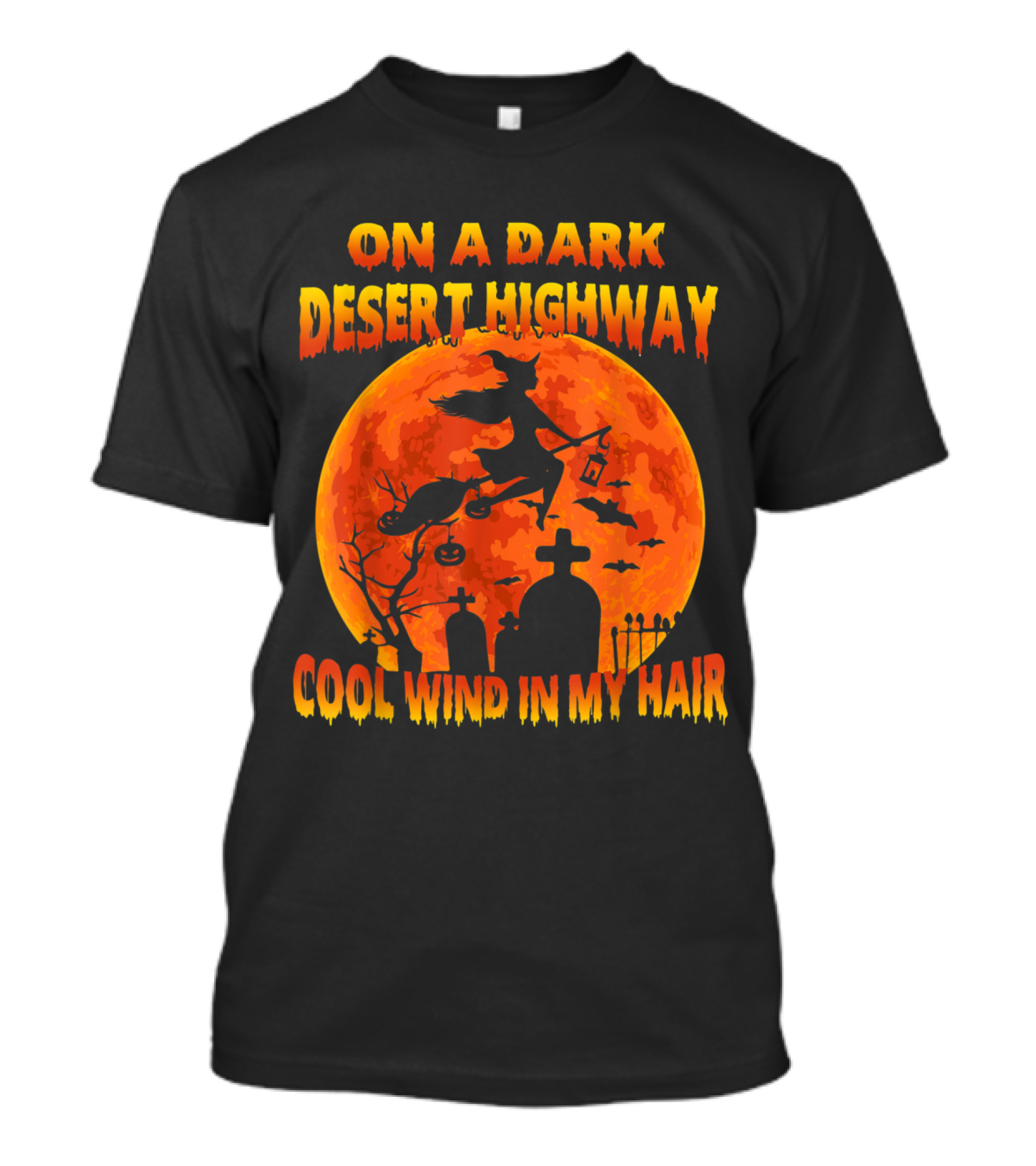 On A Dark Desert Highway Witch Flying Across Halloween Moon Cool Wind In My Hair T-Shirt