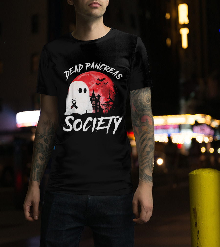 Dead Pancreas Society Halloween Ghost With Diabetes Awareness Ghostly Castle And Blood Moon T-Shirt