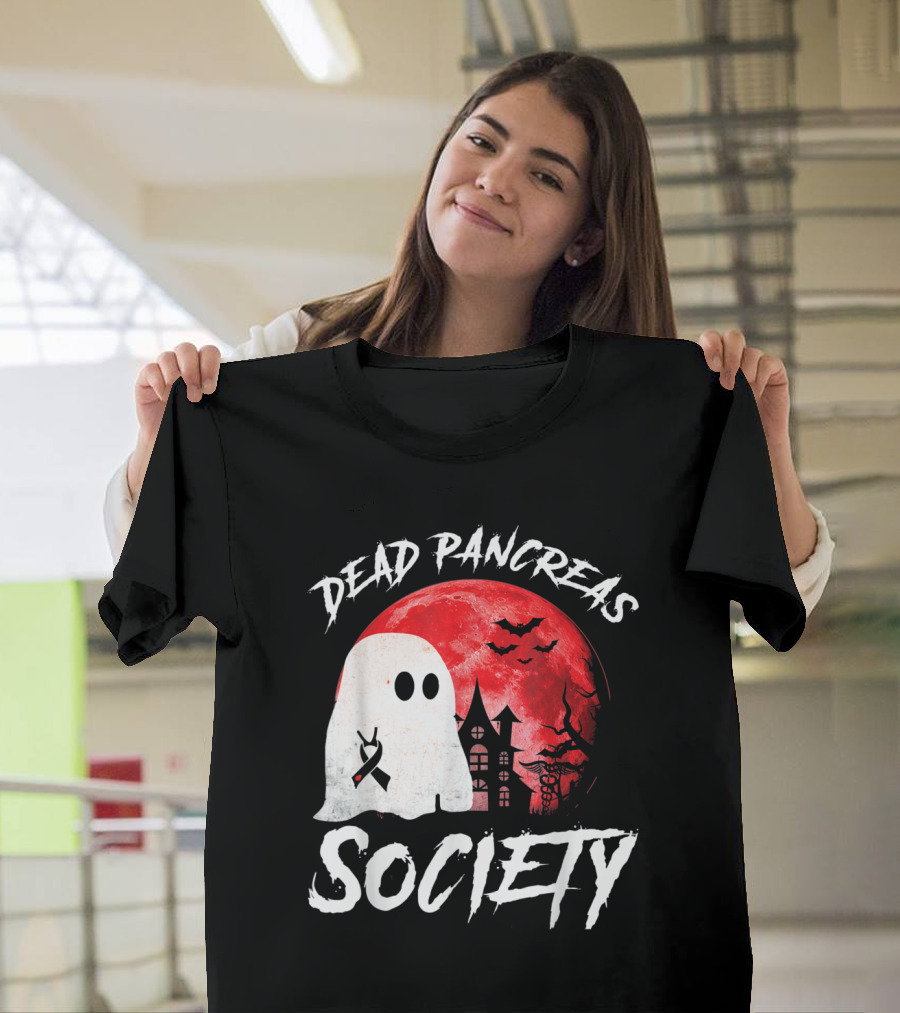 Dead Pancreas Society Halloween Ghost With Diabetes Awareness Ghostly Castle And Blood Moon T-Shirt