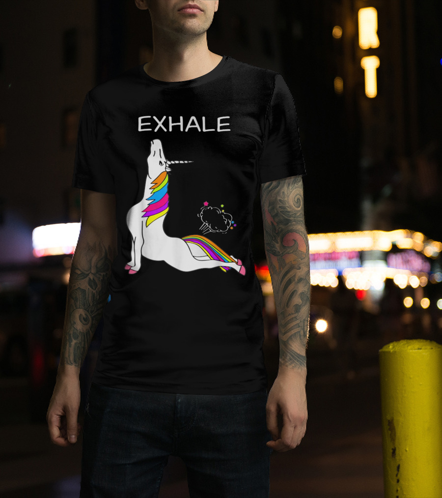 EXHALE Yoga Unicorn Funny Yoga Unicorn Exhale Fart Rainbow T-Shirt