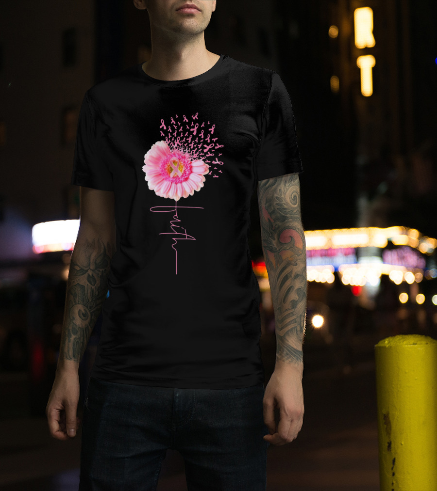 Faith Pink Ribbon Daisy Breast Cancer Awareness T-Shirt