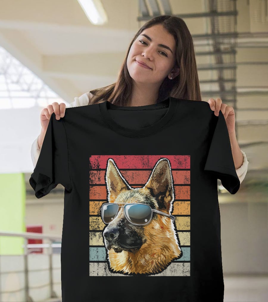 Retro Vintage German Shepherd Dog Sunglasses Stripes T-Shirt