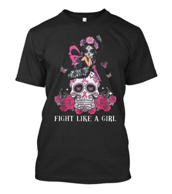 Fight Like A Girl Sugar Skull Butterfly Roses T-Shirt