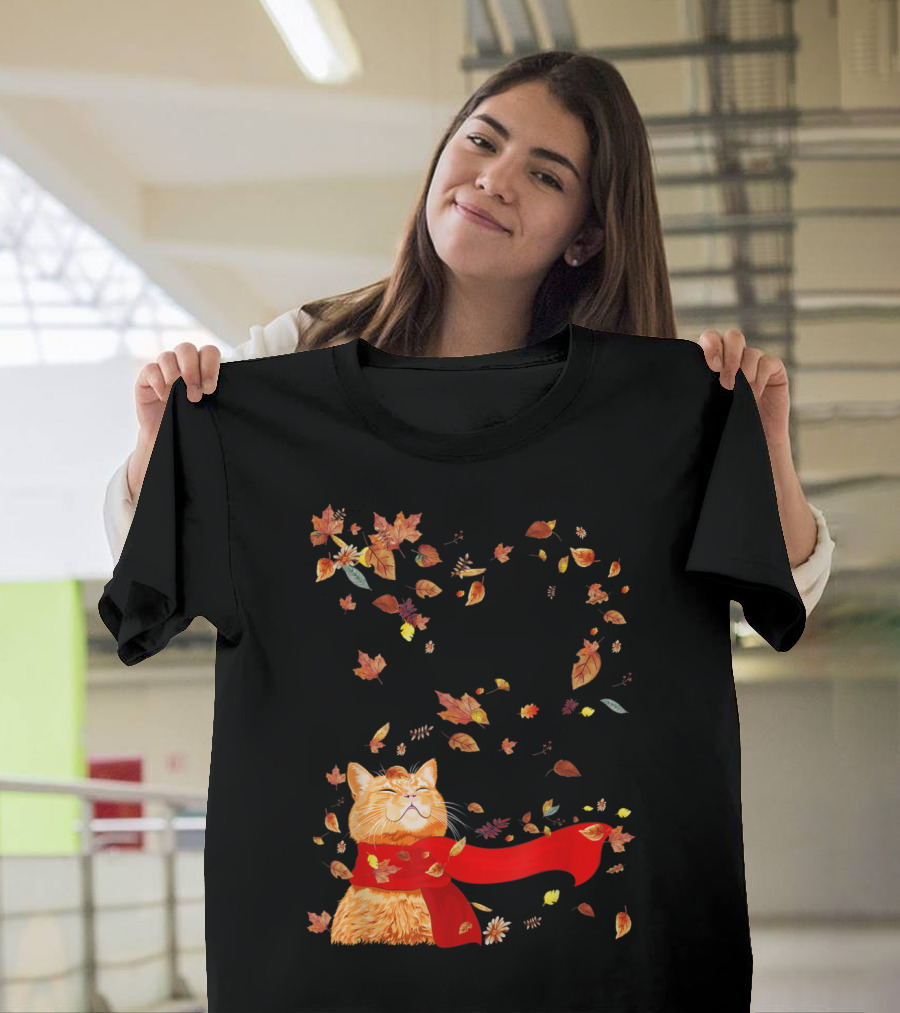 Hello Autumn Maple Leaf Fall Funny Cat Kitten Lover T-Shirt