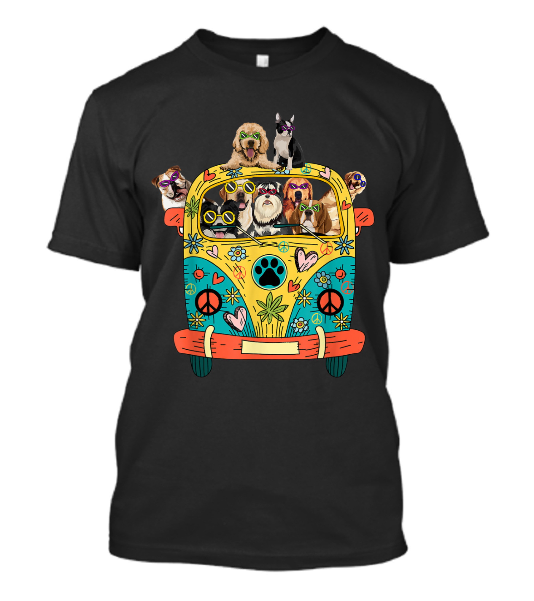 Peace Love Dogs Hippie Van With Sunglasses And Tropical Flowers T-Shirt