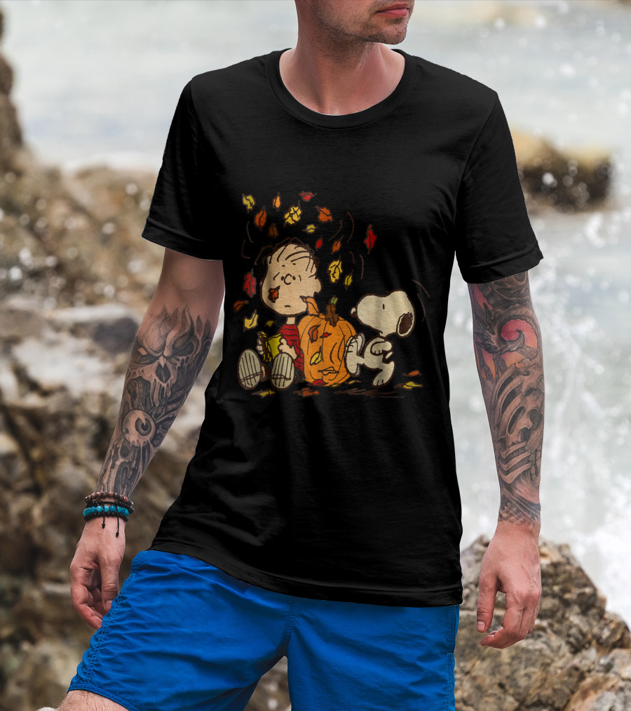 Peanuts Snoopy Linus With Pumpkin And Falling Leaves T-Shirt