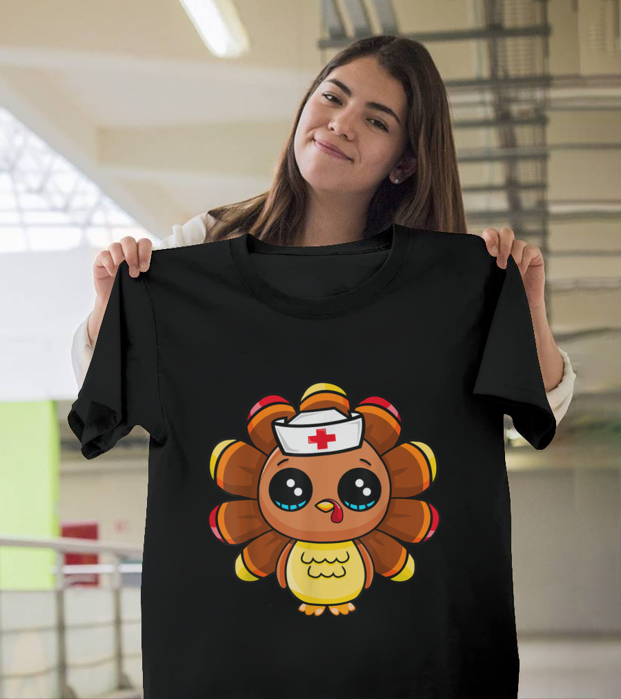 Thanksgiving Nurse Turkey Cute Family Cartoon Nurse Turkey T-Shirt
