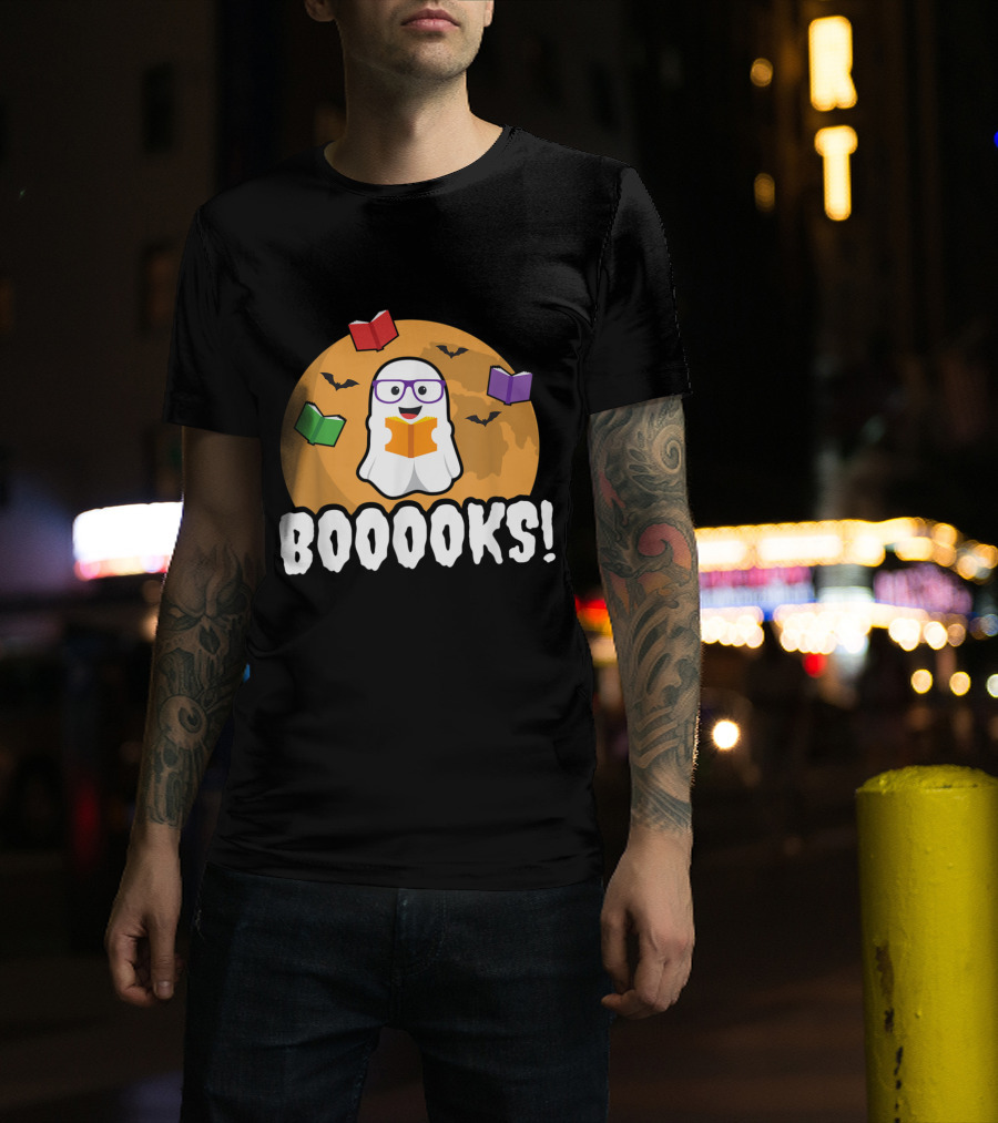Booooks Ghost Boo Read Books Library Halloween Theme With Flying Bats And Moon T-Shirt