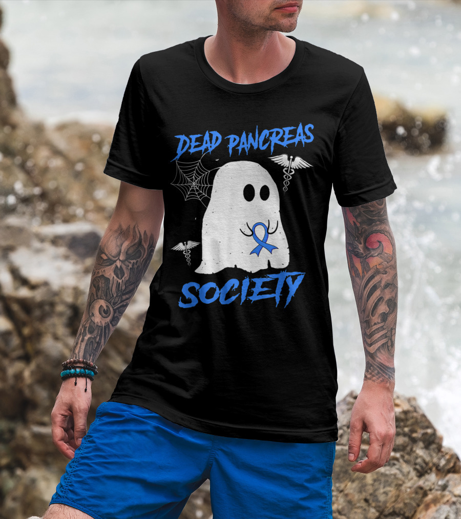 Dead Pancreas Society Diabetes Awareness Halloween Ghost With Blue Ribbon And Caduceus T-Shirt
