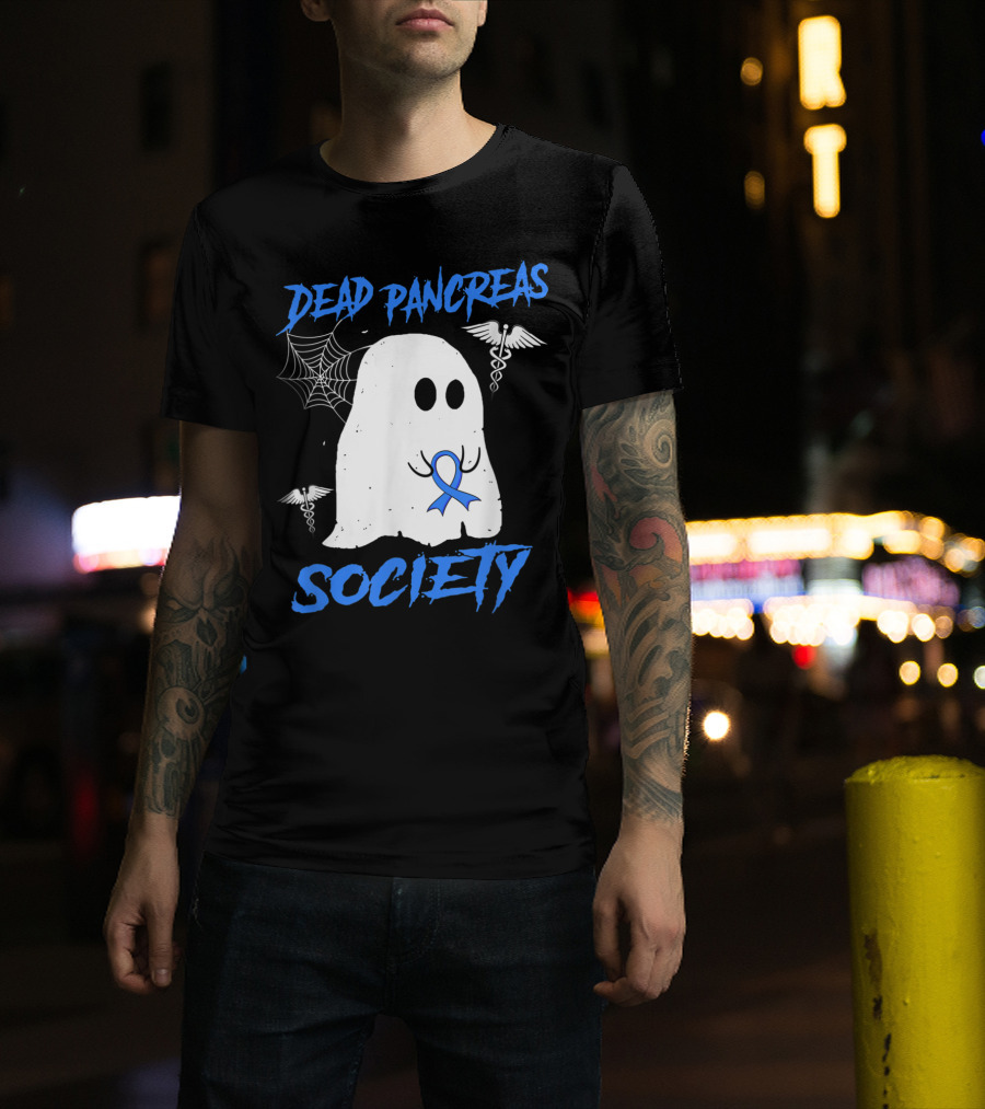 Dead Pancreas Society Diabetes Awareness Halloween Ghost With Blue Ribbon And Caduceus T-Shirt