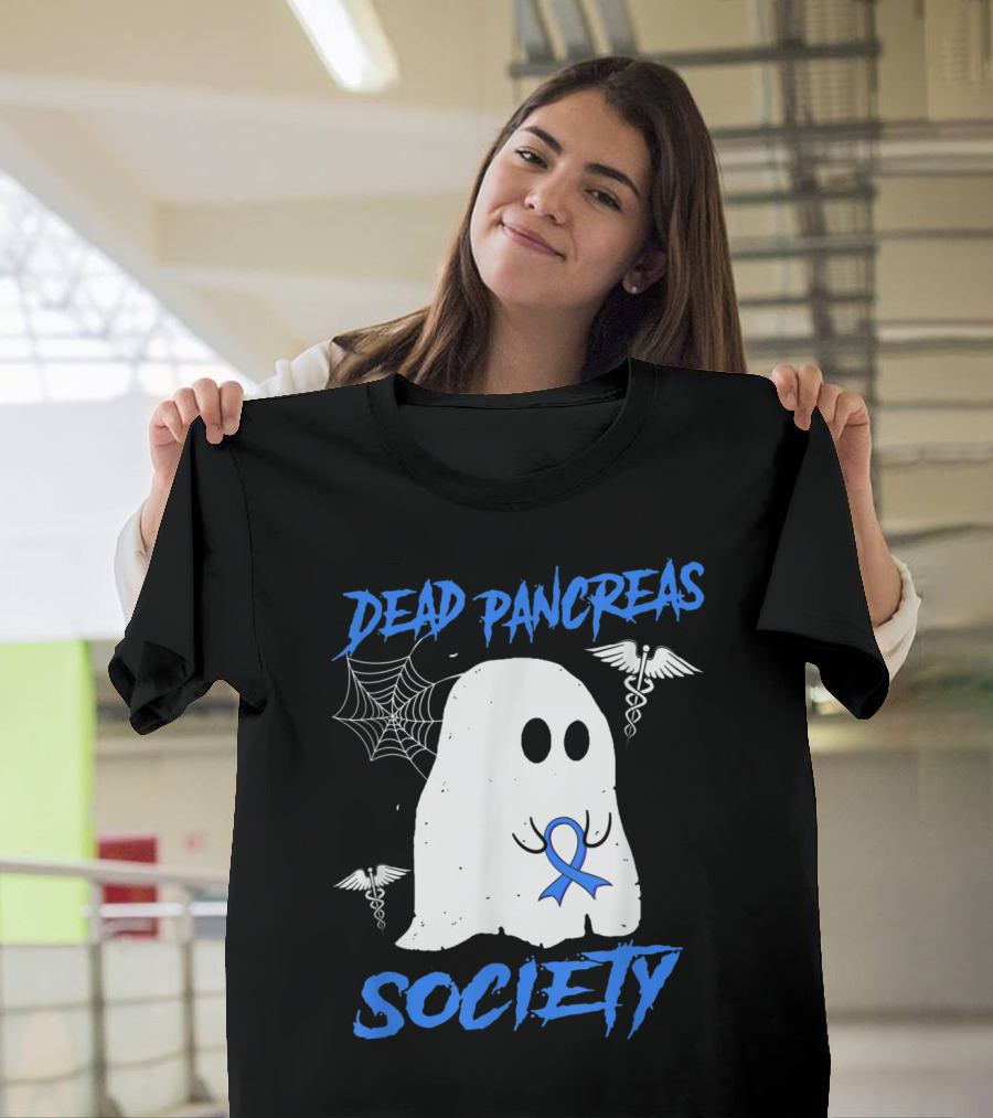 Dead Pancreas Society Diabetes Awareness Halloween Ghost With Blue Ribbon And Caduceus T-Shirt