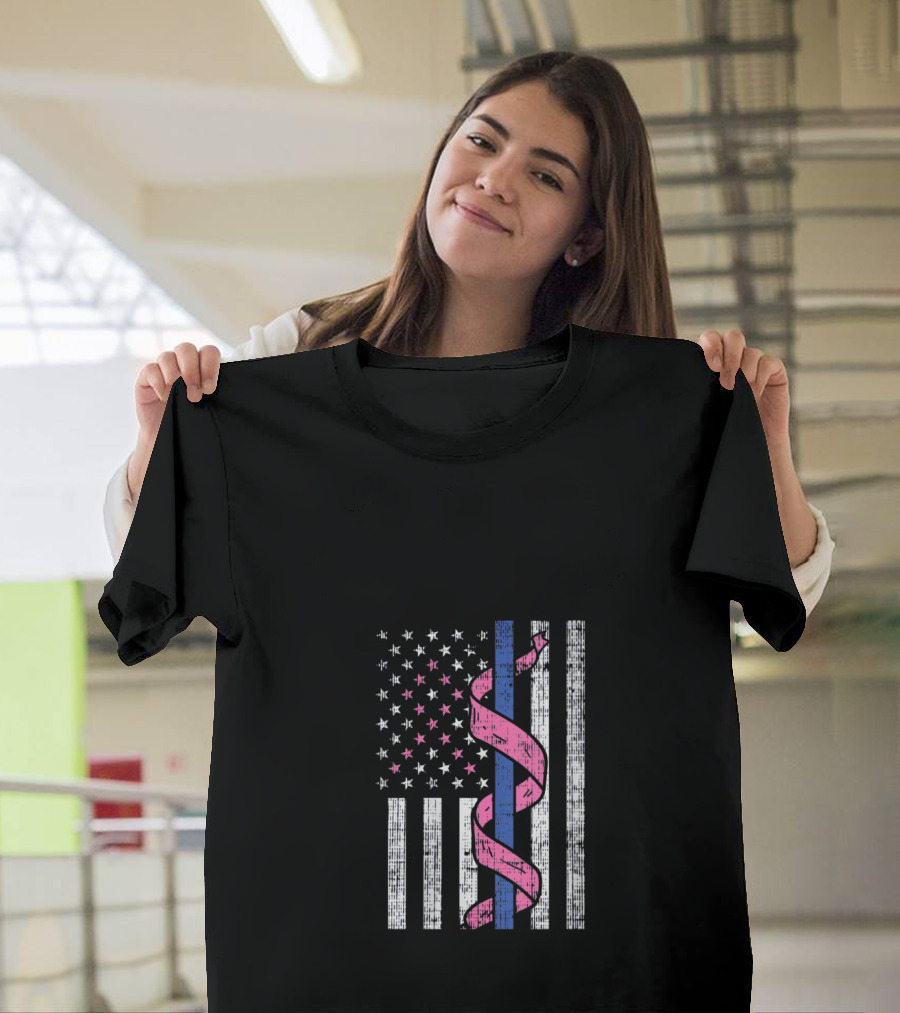 Blue Line American Flag Pink Ribbon Breast Cancer Awareness T-Shirt
