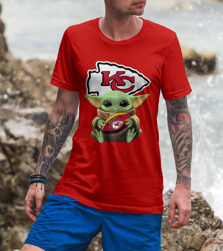 Baby Yoda Holds Kansas City Chiefs Football T-Shirt
