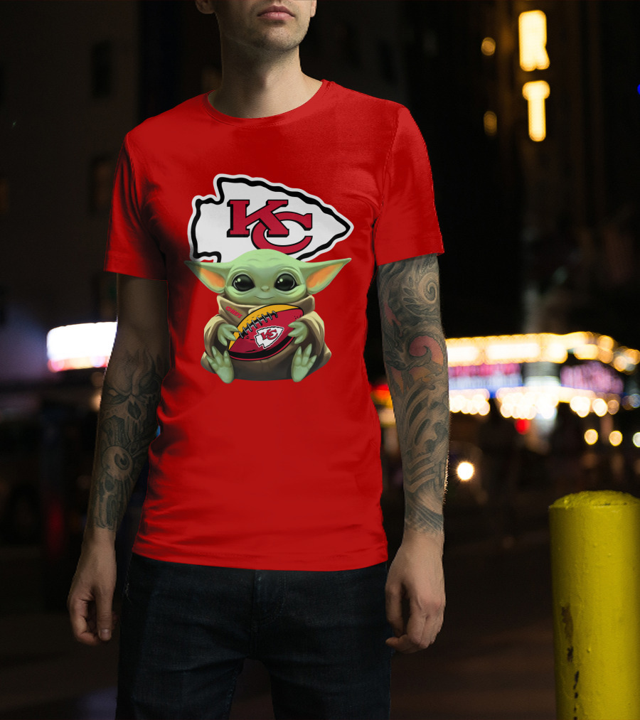 Baby Yoda Holds Kansas City Chiefs Football T-Shirt