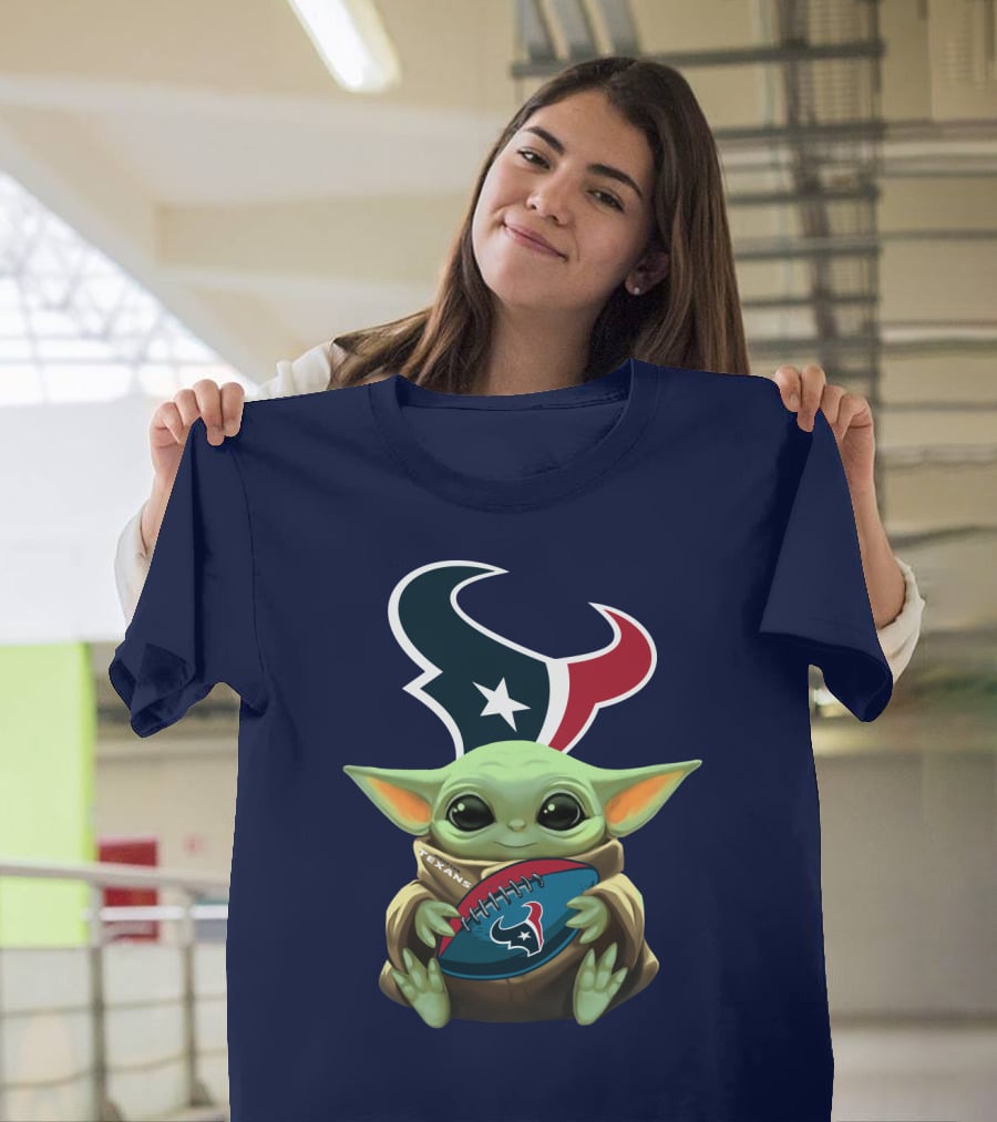 Baby Yoda Holding Houston Texans Football T-Shirt