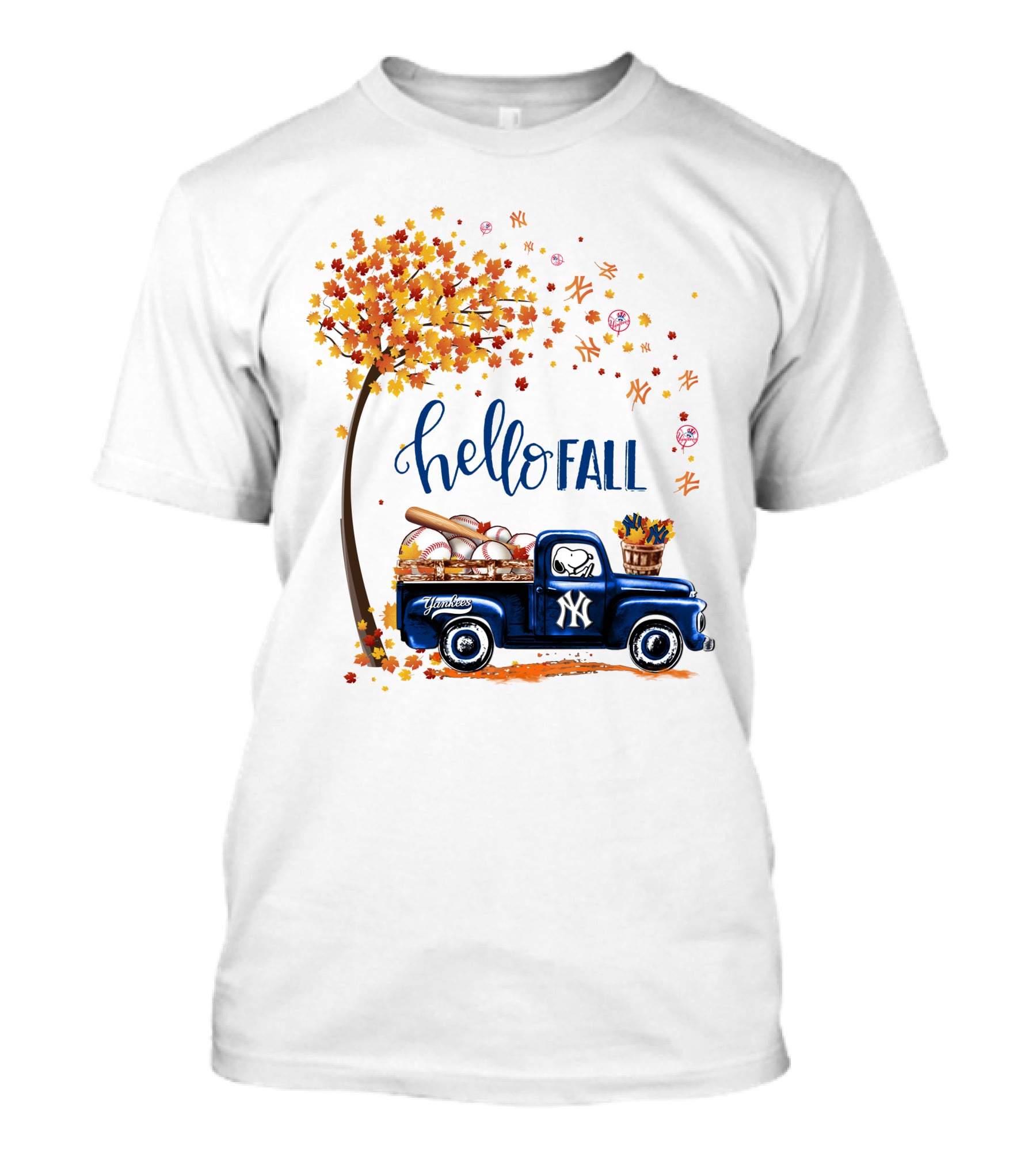 Hello Fall New York Yankees Autumn Truck Baseball Scene T-Shirt