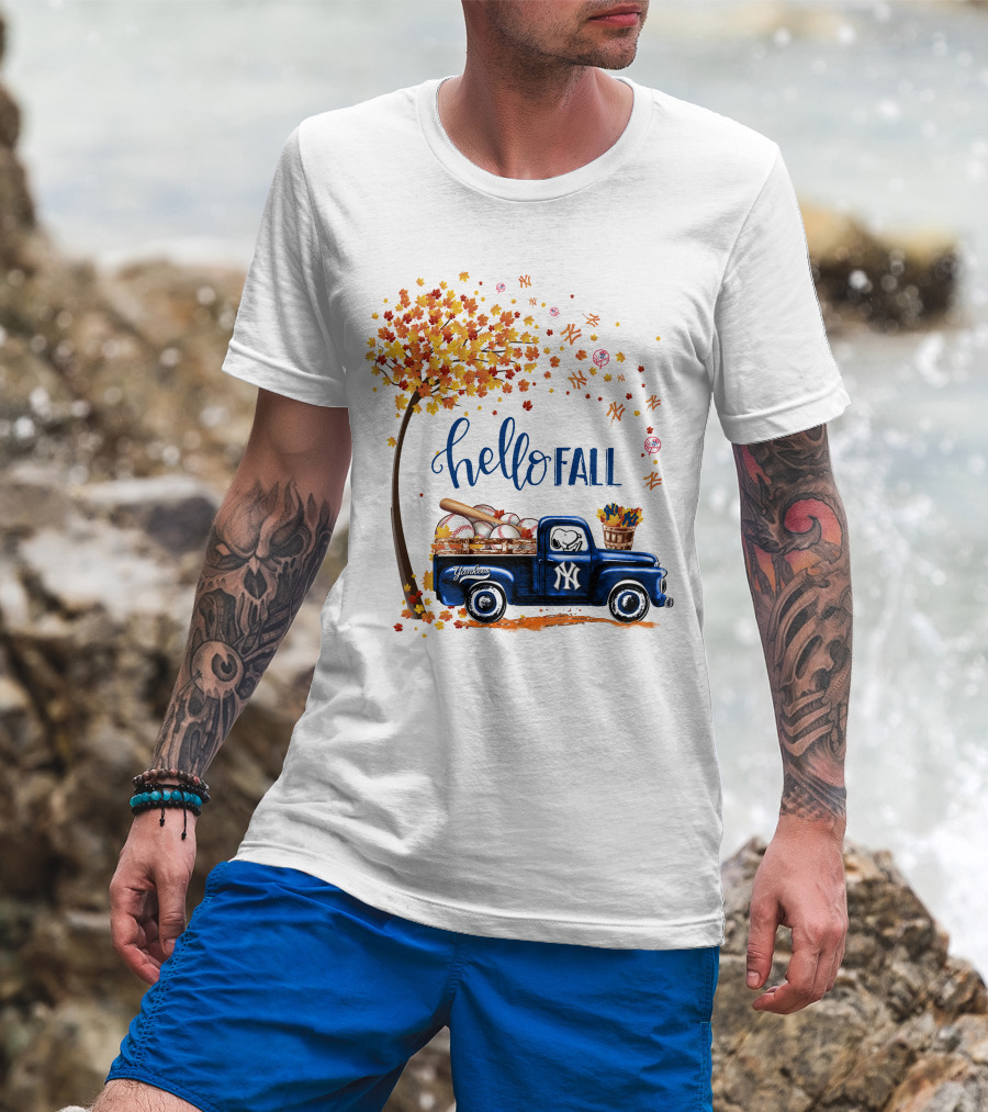 Hello Fall New York Yankees Autumn Truck Baseball Scene T-Shirt