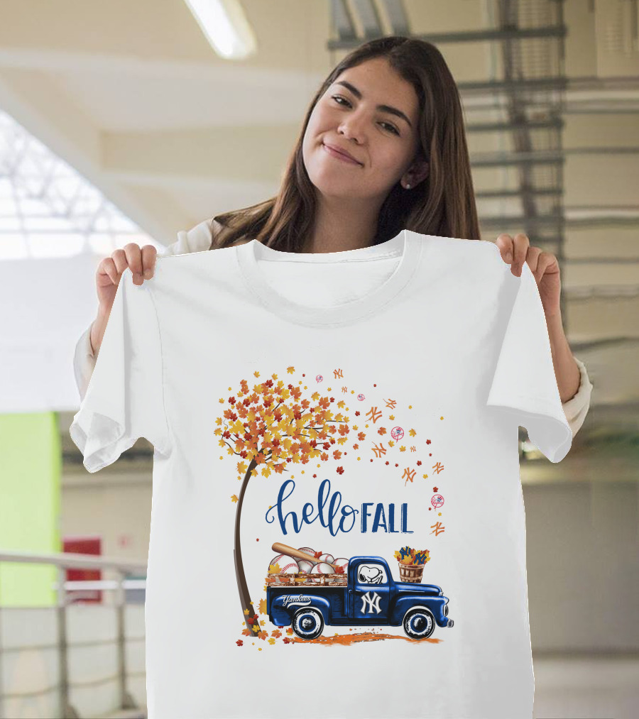 Hello Fall New York Yankees Autumn Truck Baseball Scene T-Shirt